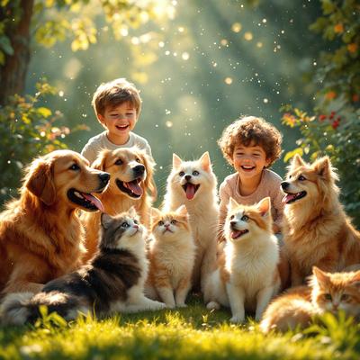 The image features a group of children and dogs sitting together in a grassy field. There are a total of 11 dogs and 3 children in the scene. The dogs are of various sizes and are spread out across the field, with some sitting closer to the children and others further away. The children are positioned in the middle of the field, surrounded by the dogs. The overall atmosphere of the image is joyful and playful, as the children and dogs seem to be enjoying their time together.